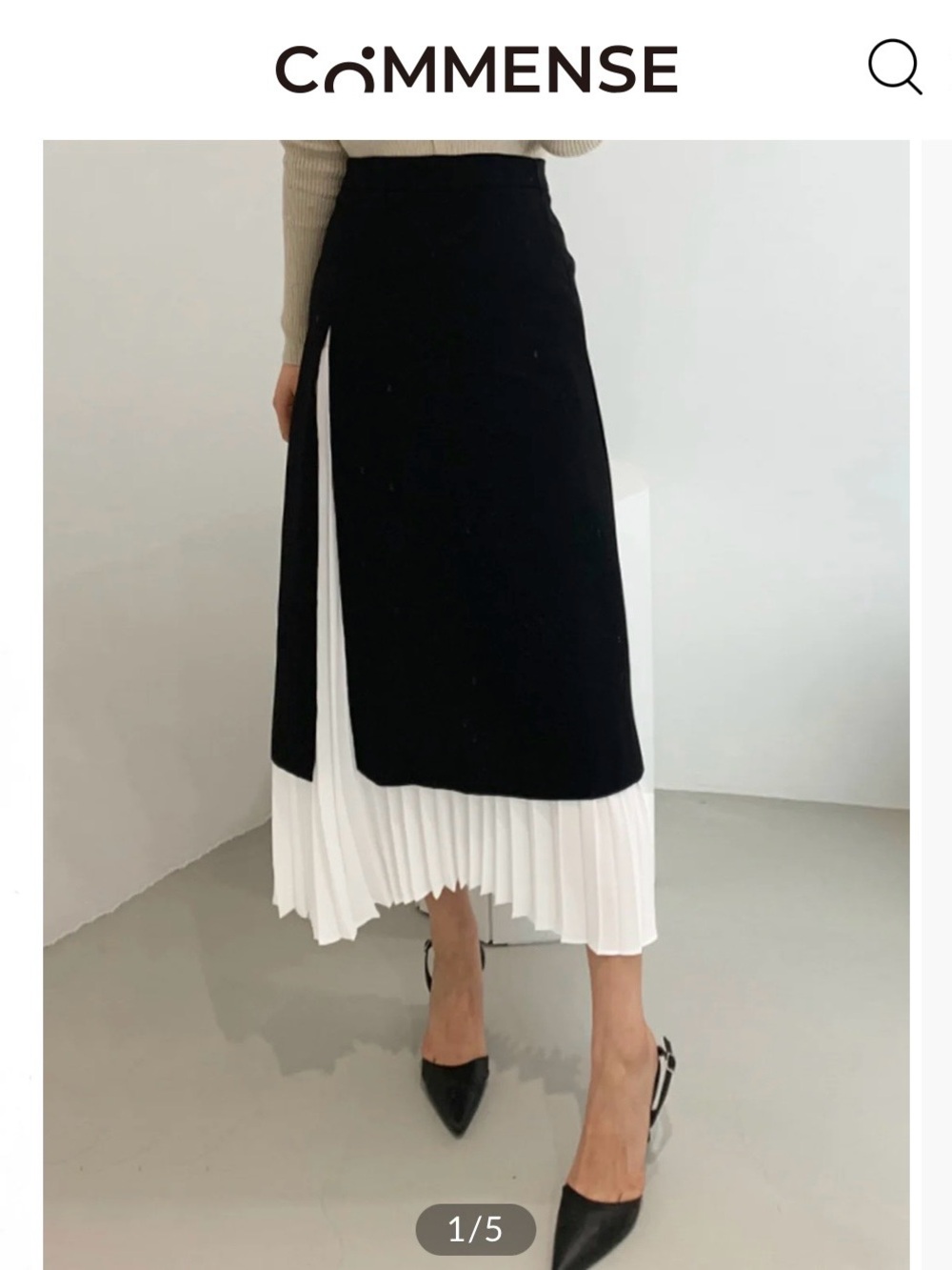 COMMENSE Black & White Two-Layer Pleated Midi Skirt